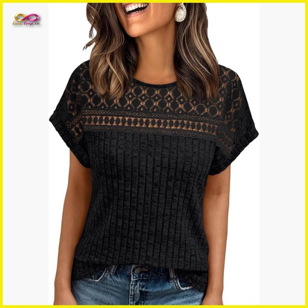 Lace Trim Tunic Top Loose Fit Short Sleeve Elegant Business Casual Spring Summer